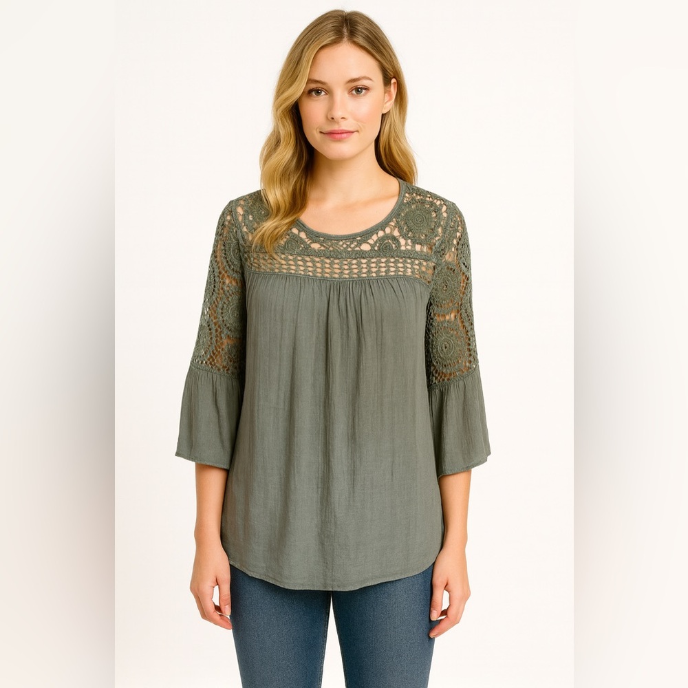 Indigo Rose Boho hippie chic lace trimmed bell sleeve top